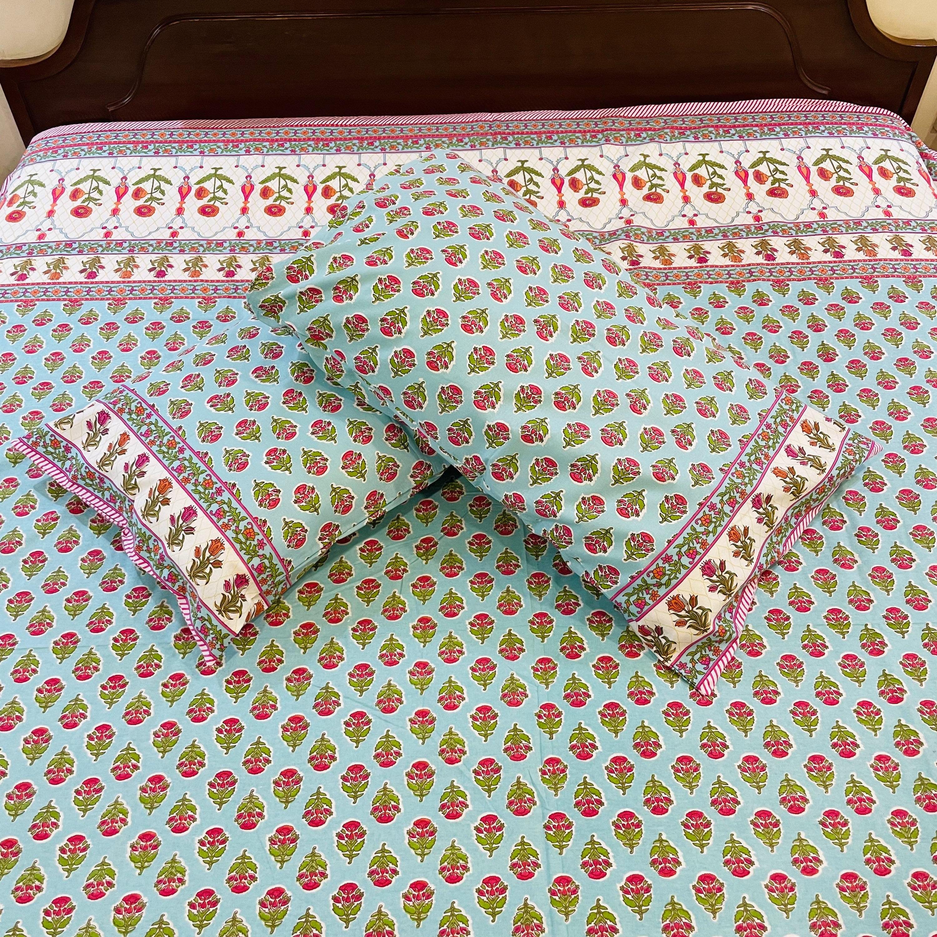 King Size Jaipuri Printed Bedsheet Set with 2 Pillow Covers