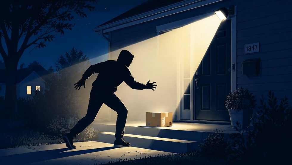 A porch pirate frozen mid-reach as a bright floodlight snaps on over the front door