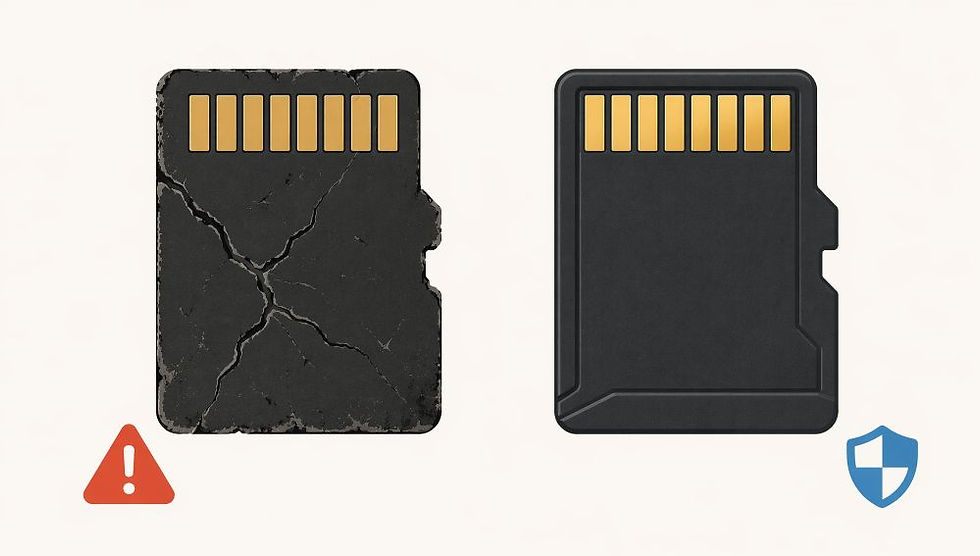 A cracked, worn-out microSD card next to an intact, shielded microSD card