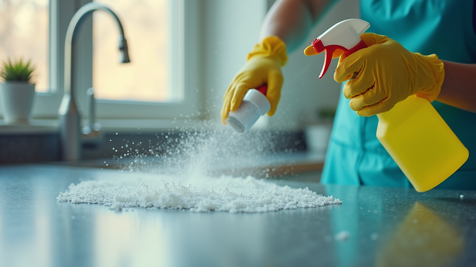 Eye-level view of a janitor using eco-friendly cleaning spray on a countertop