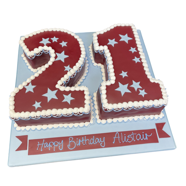 A stunning number 21 birthday cake decorated with beautiful stars on a white background. Perfect for a milestone celebration.