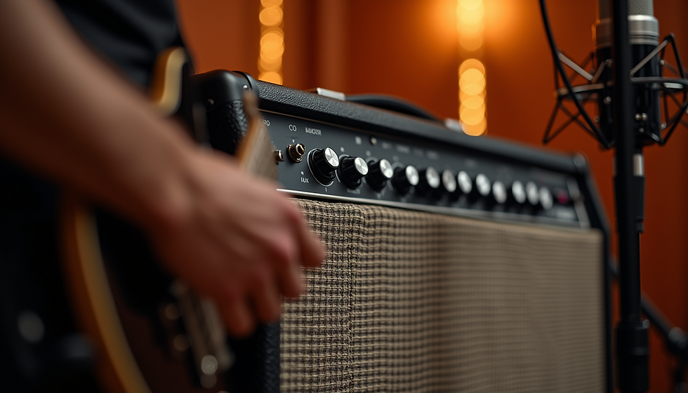 A guitarist is playing next to a Fender amplifier.