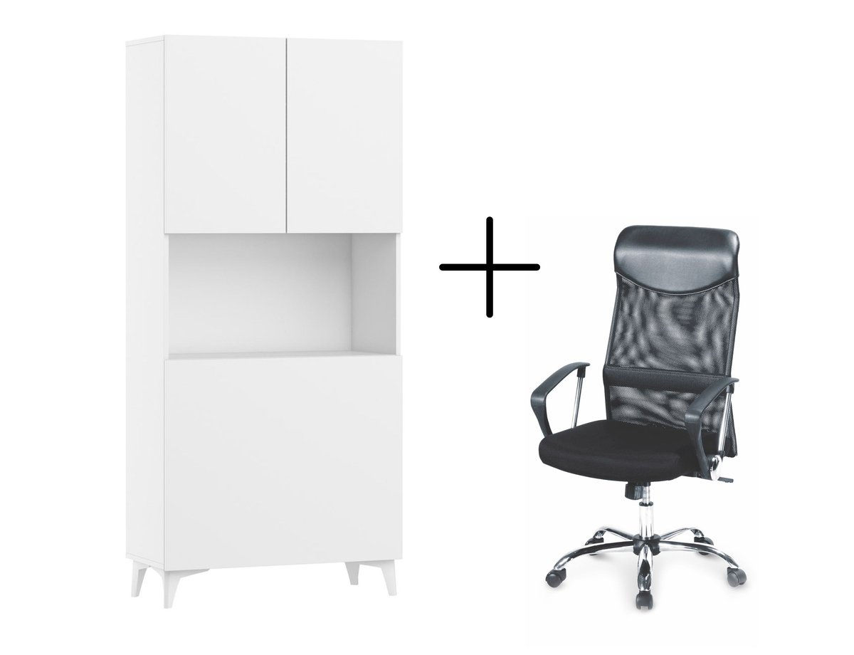 Biurko rozkładane regał MEGAN 1 biały połysk + Fotel VIRE