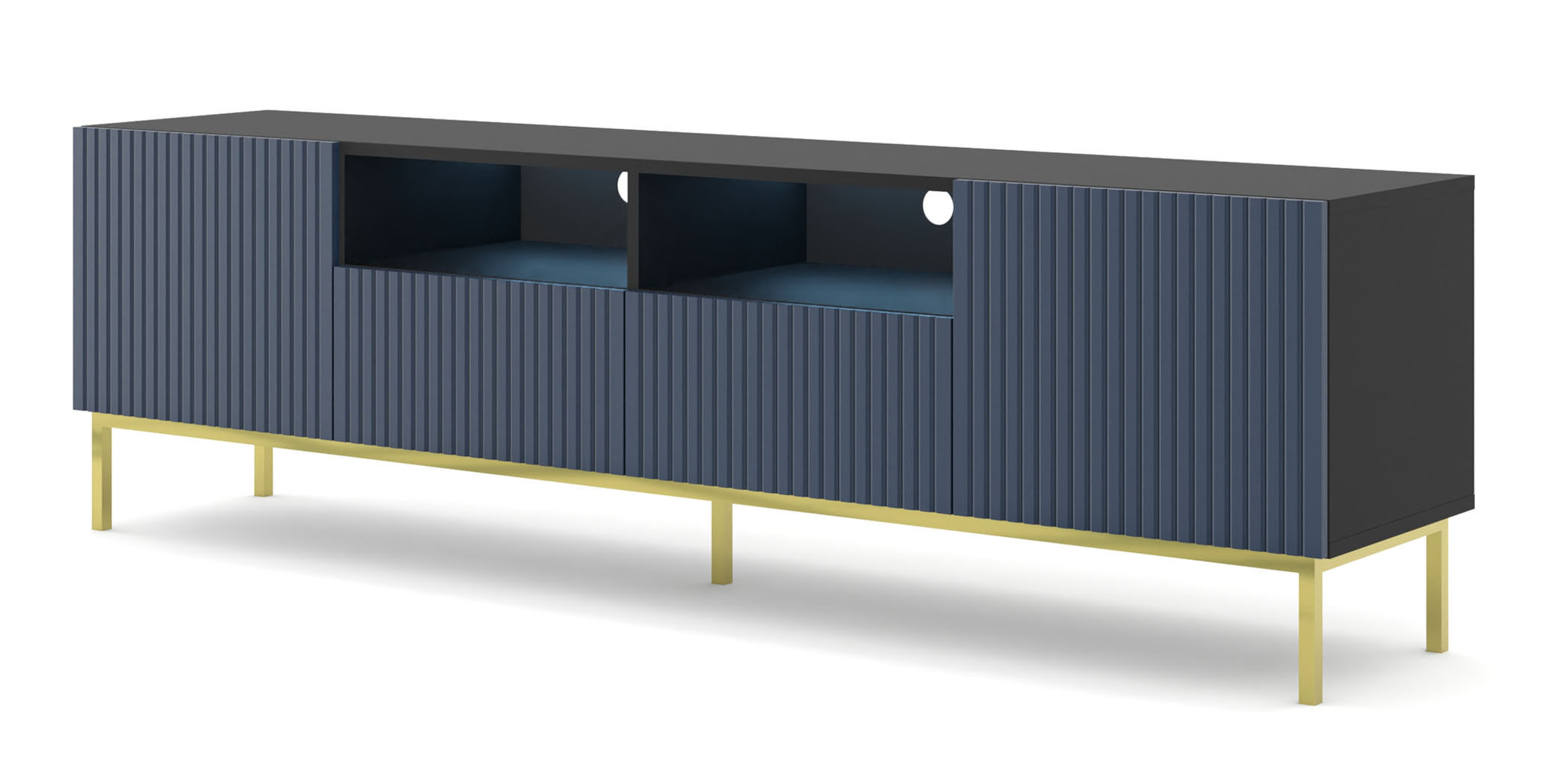TV Stand RAVENNA B 79'' 2D2S Milled MDF Fronts Black Matt / Navy Blue with LED