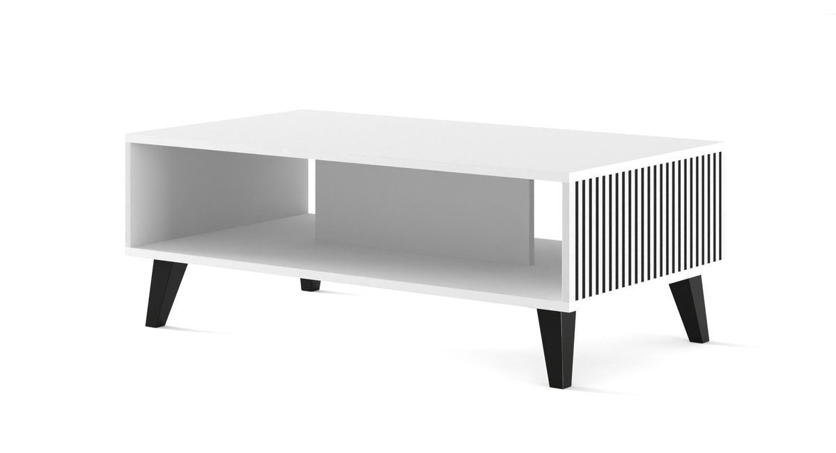 Stolik kawowy Ravenna F 90x60 biały mat / frez czarny nóżki czarne plastik