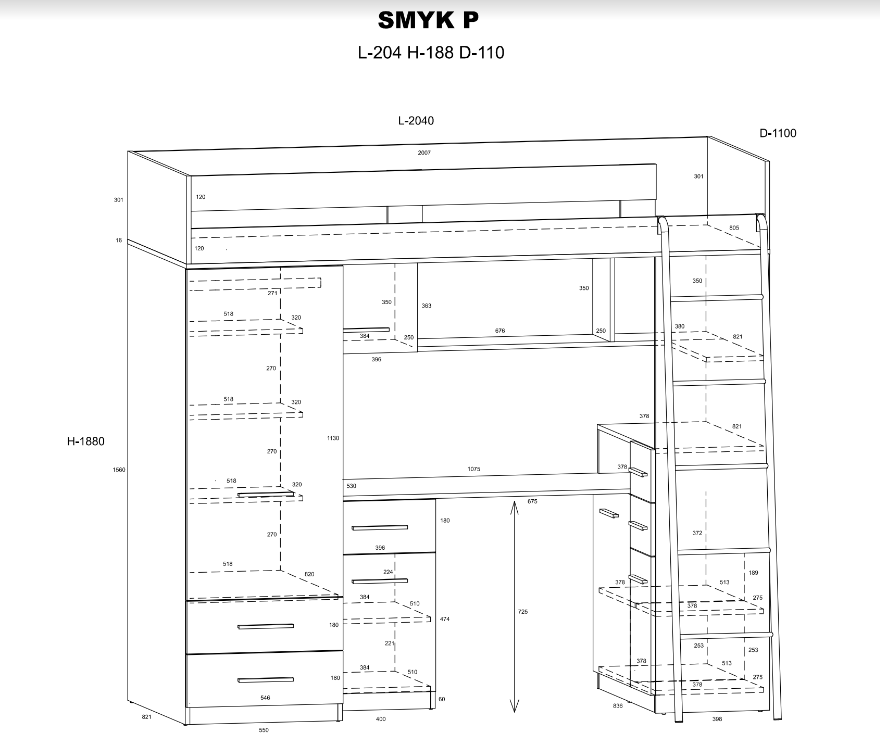 Miniatura: Antresola łóżko piętrowe SMYK dąb burgund / krem