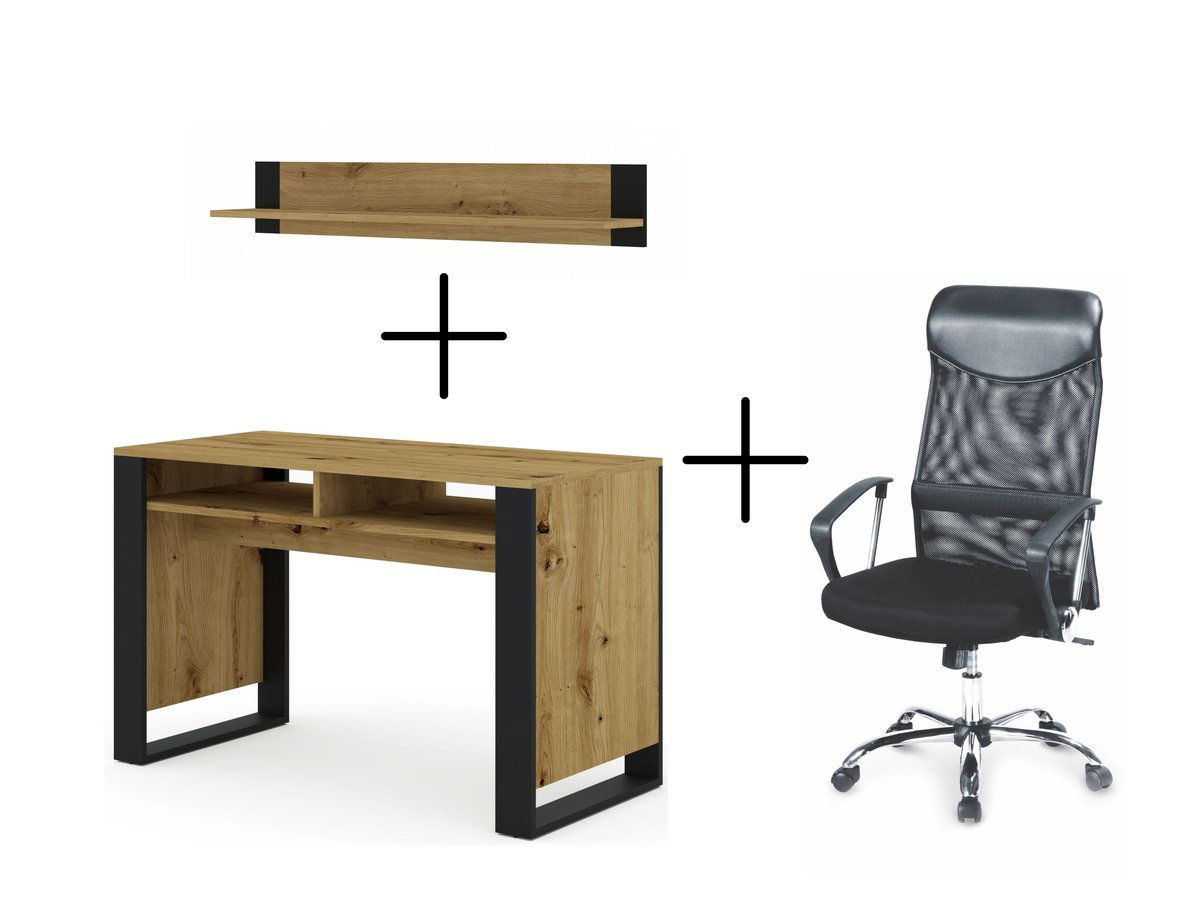 Biurko MONDI 120x55x75 cm dąb artisan + Fotel VIRE + półka MONDI