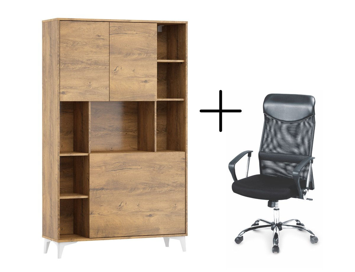 Biurko rozkładane regał MEGAN 2 dąb burgundzki + Fotel VIRE