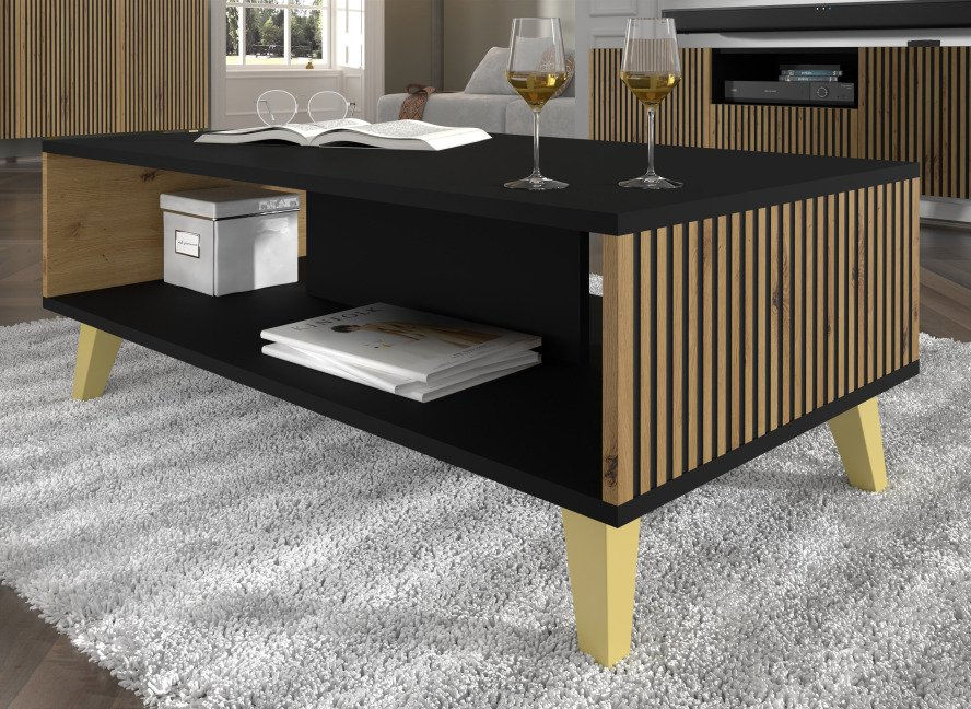 Miniatura: Stolik kawowy Ravenna F 90x60 czarny mat / frez artisan nóżka złota plastik