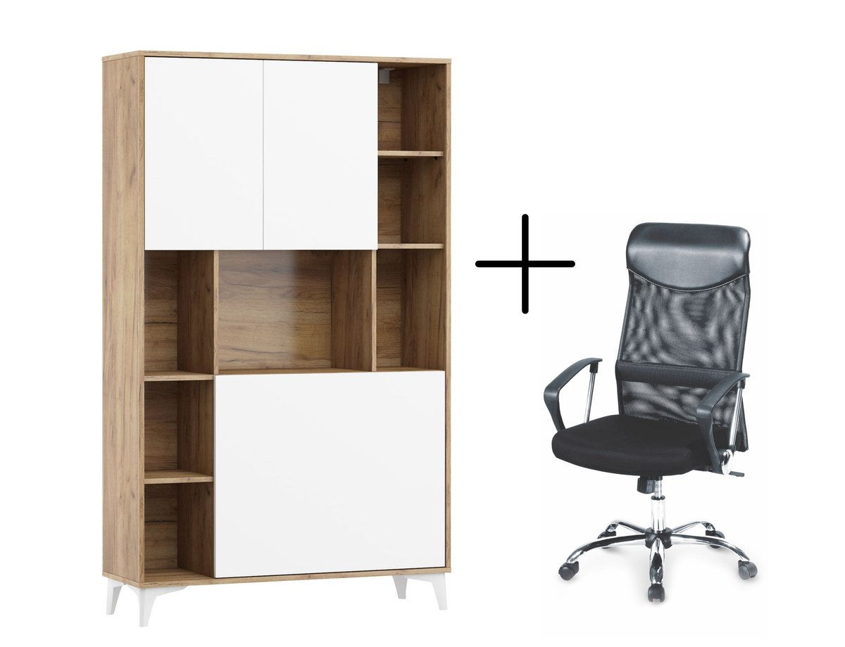 Biurko rozkładane regał MEGAN 2 craft złoty / biały połysk + Fotel VIRE