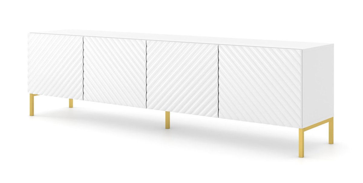 Szafka RTV SURF 200 cm 4D frez biały połysk na nóżkach