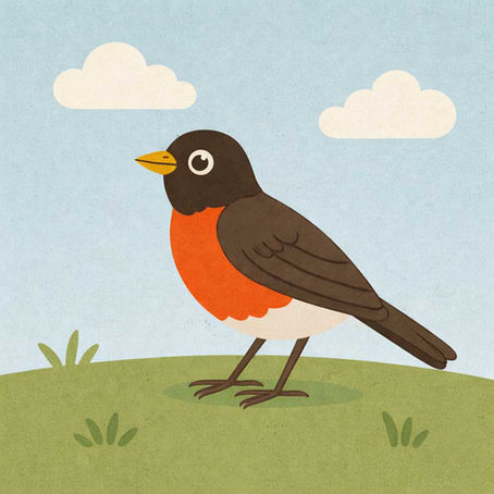 An illustration of a robin, with dark feathers and brightly colored underbelly on a blue backgroun.