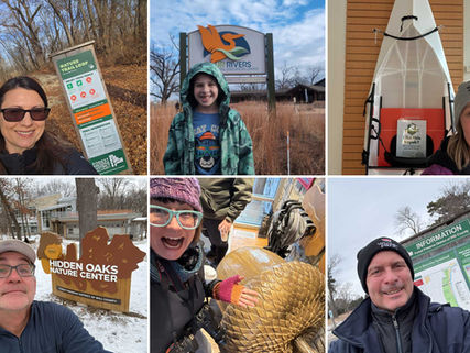 People pose by signs and a kayak at nature centers, with backgrounds of woods and snow. Prominent text: Nature Trail Loop, Hidden Oaks.