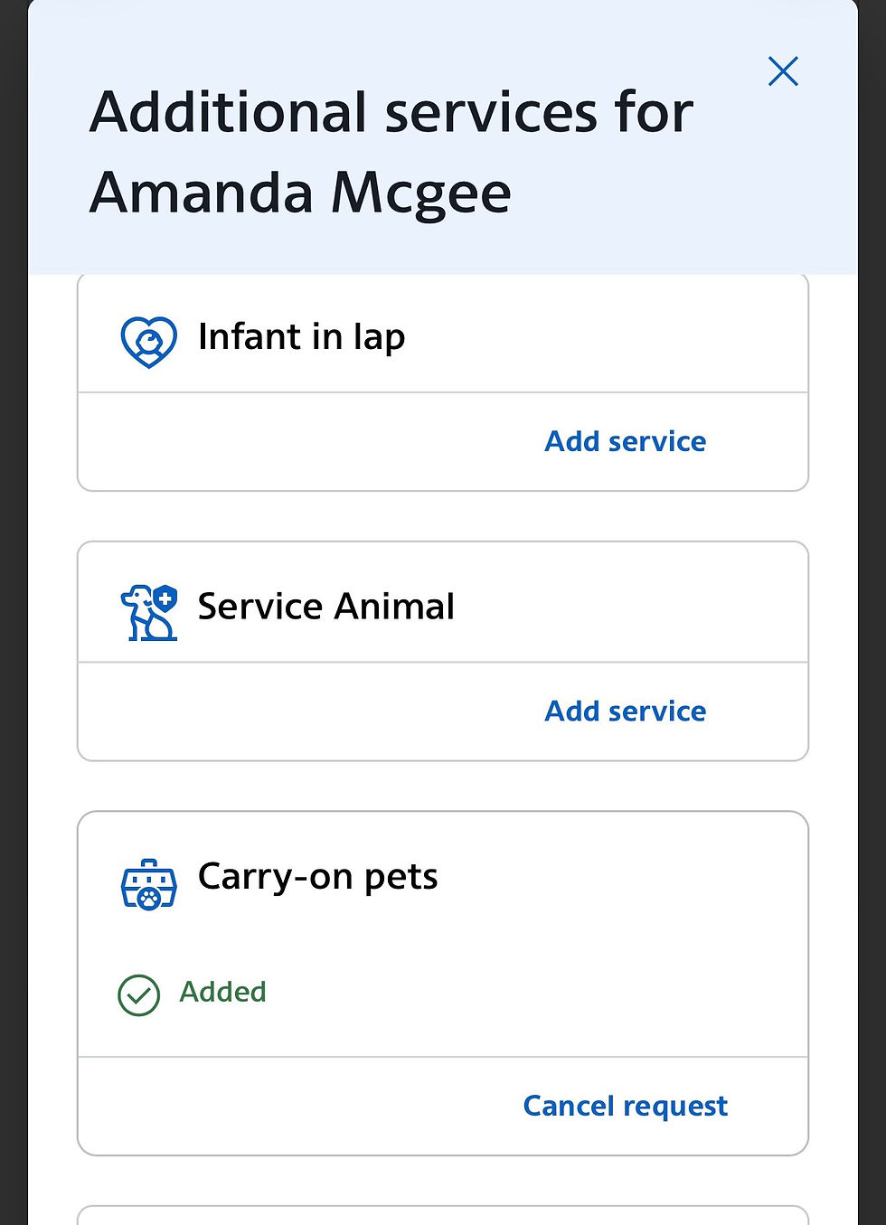 screenshot of the AA app confirming cabin pet reservation