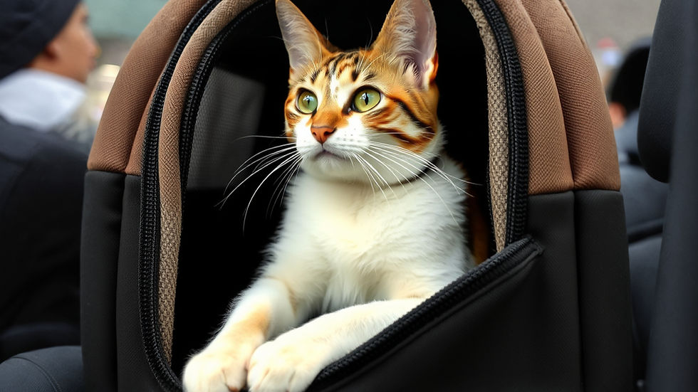 a tabby cat in a soft pet carrier