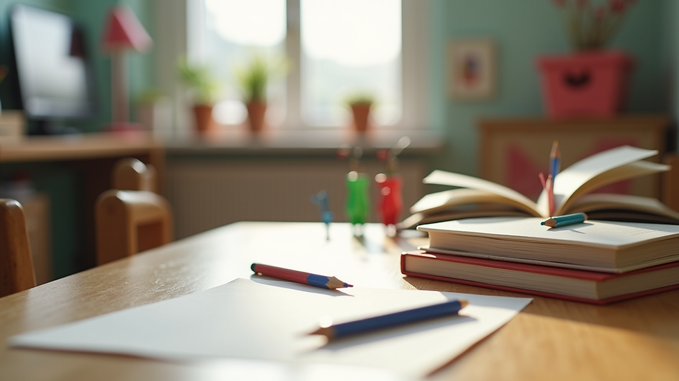 Eye-level view of a child’s desk with educational toys and books