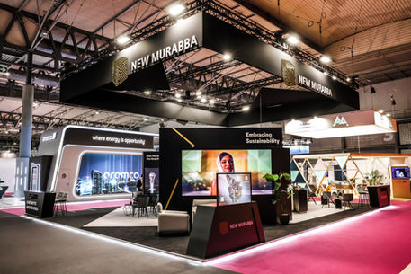 New Murabba exhibition booth with visible text, embracing sustainability and opportunity.