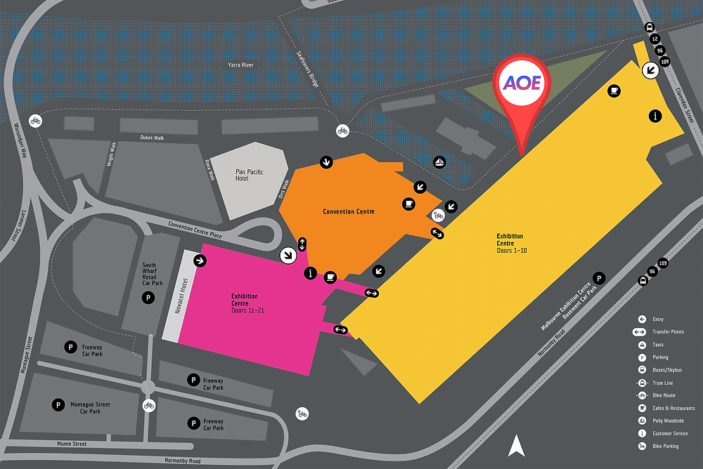Map of the Melbourne Convention Exhibition Centre and the location of the AOE meet-and-greet (on the steps in front of the Exhibition Centre, along the wharf).