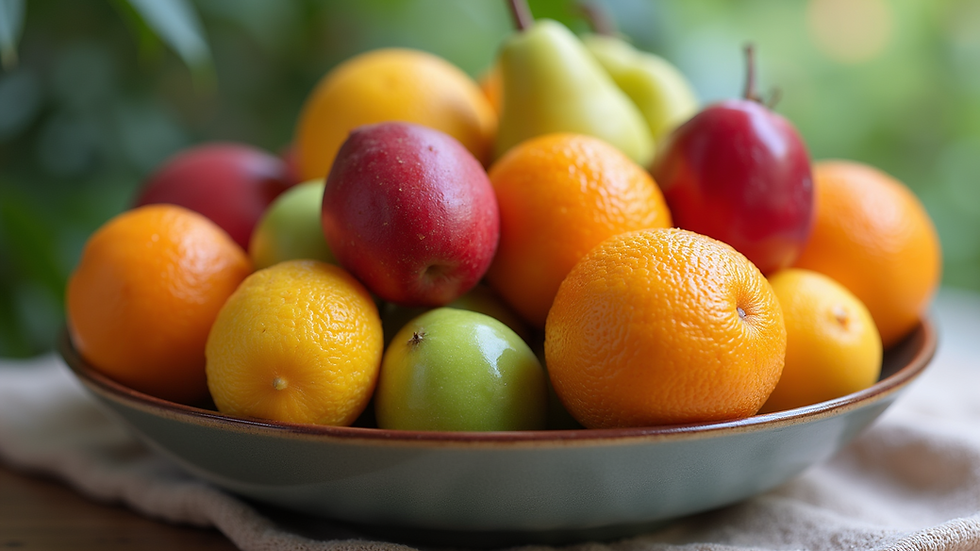 Close-up view of a colorful fruit bowl filled with fresh fruits