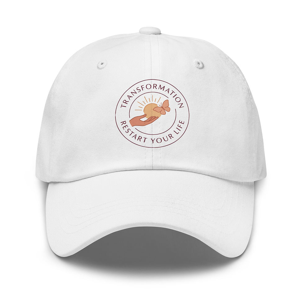 Thumbnail: White baseball cap with the words Transformation, Restart Your Life. Myrestartlife