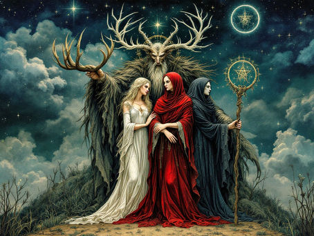 A mystical representation of the Horned God and Triple Goddess. The artwork is featured in SCG Witchery's blog post about: Understanding the Key Differences Between Wicca and Witchcraft: A Comprehensive Guide, showing the divine masculine and feminine energies in balance, with the Horned God's antlers symbolizing his connection to nature and wildlife, while the Triple Goddess is represented in her three aspects - Maiden (youth and new beginnings), Mother (nurturing and creation), and Crone (wisdom and completion).