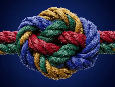 A tightly bound, colorful rope knot against a deep blue background, symbolizing the power of knot magic spells. Explore the intricacies of knot magic with SCG Witchery and unlock potent spellcasting techniques