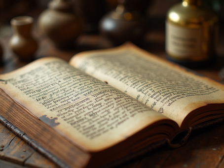 Ancient open Grimoire on a wooden table, with sepia-toned pages filled with handwritten text. Old jars and a brass bottle in the background. Representing the authentic traditions that SCG witchery offers