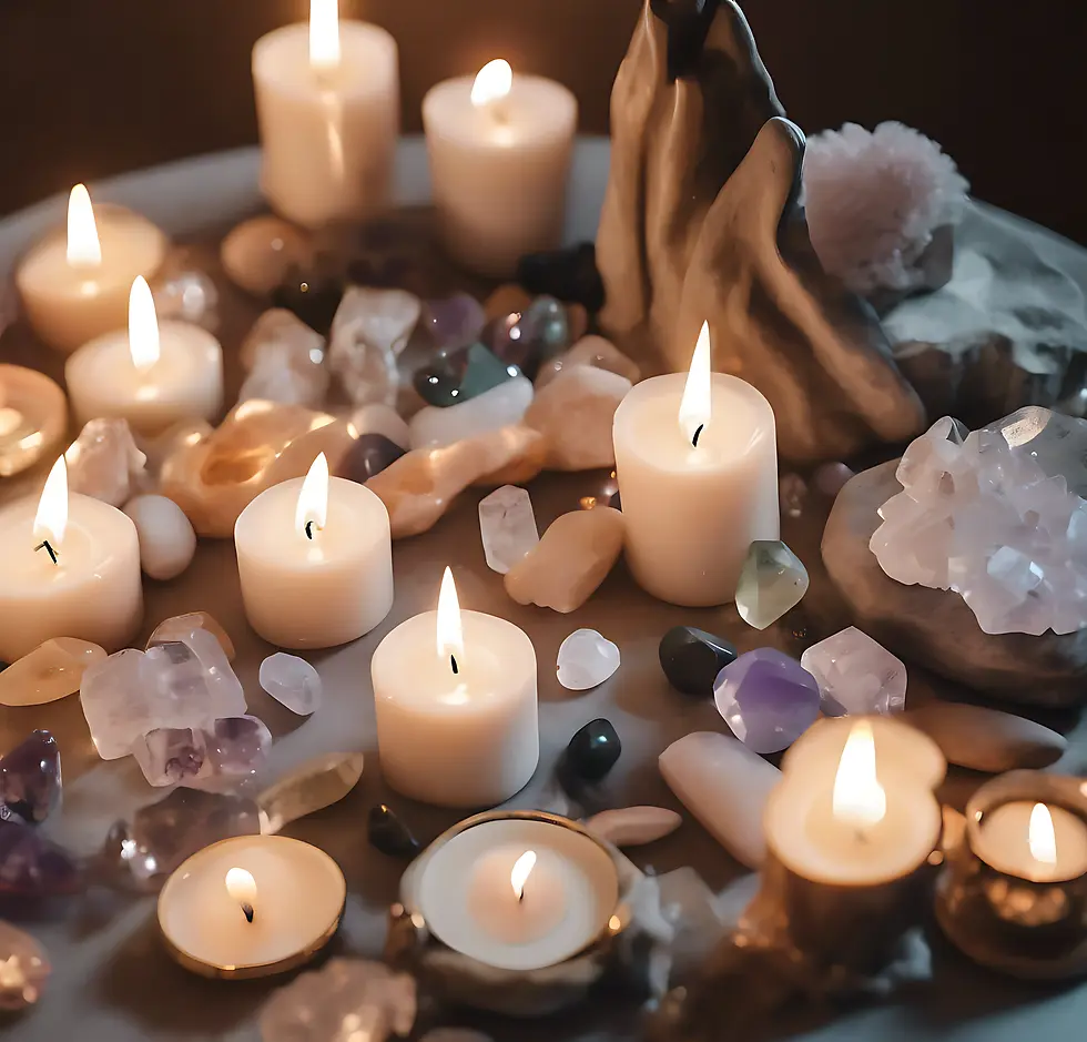 A mystical arrangement of lit candles and diverse crystals, ideal for those exploring the history and practices of psychic abilities with SCG Witchery.