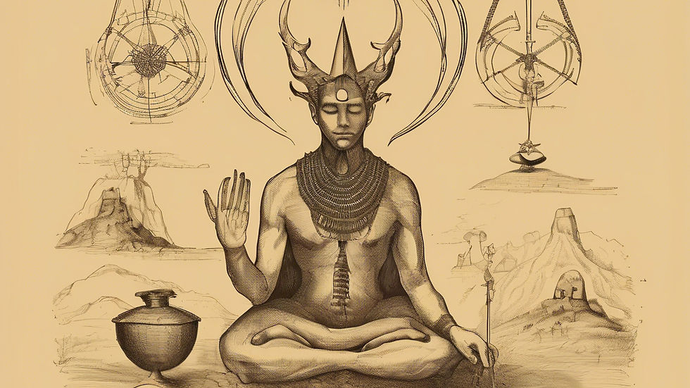 Mystical figure meditating with raised hand, antler headdress. Open book, symbols, serene expression. Sepia tone, intricate drawings.