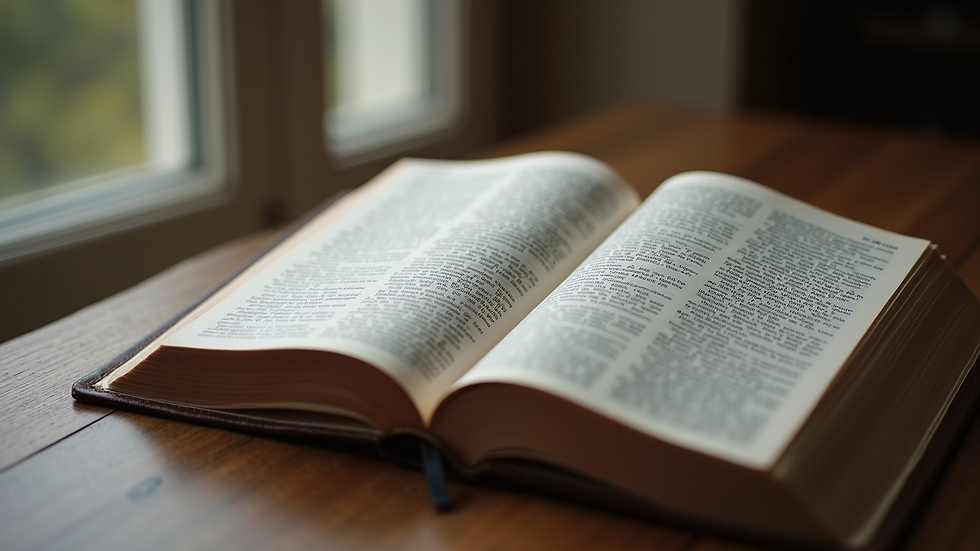 High angle view of an open Bible with highlighted text