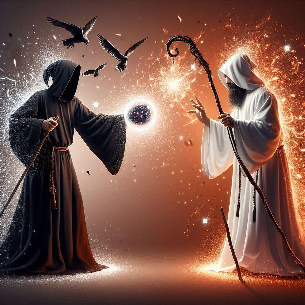 Two robed figures, one in black with crows, the other in white with a staff, face off with glowing orbs. Bright, magical energy surrounds them.