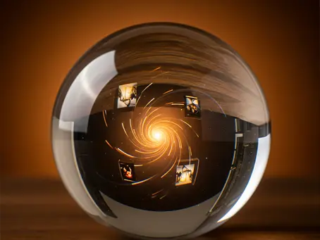 A clear crystal ball, emanating an authoritative ambiance, rests on a wooden table against a rich brown background, reflecting light. Within the ball, a swirling vortex begins to reveal images, symbolizing the profound insights and transformative power offered by SCG Witchery.