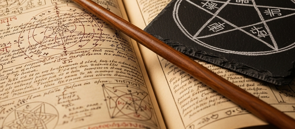 A close-up shot of an open grimoire, a pentacle on a slate, and a wand. The image highlights a thoughtful, scholarly approach to witchcraft, featuring essential tools for ritual and study from SCG Witchery.