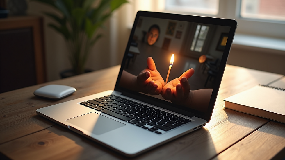 High angle view of a laptop displaying a virtual spiritual workshop