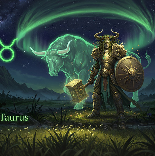 warrior stands defiantly at night with a hammer and shield, a glowing-horned bull and a green comet streak, The word Taurus