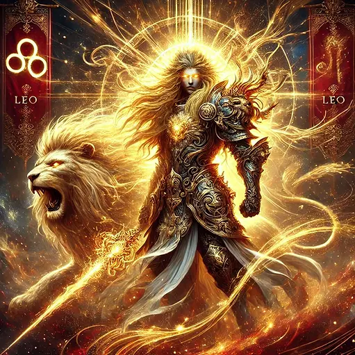 a warrior with long golden hair and glowing eyes, both surrounded by a Lion & Leo Zodiac