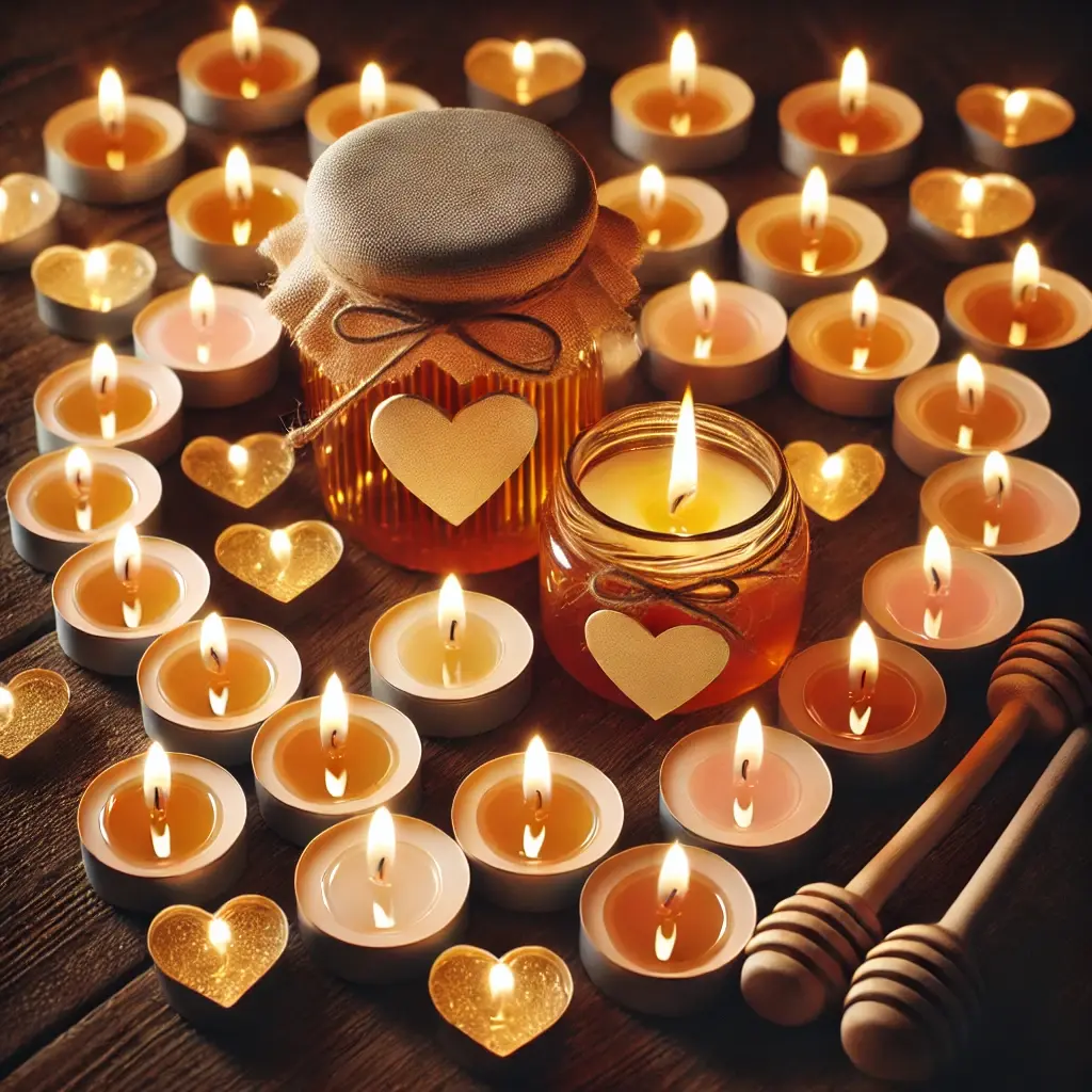 Our honey jurisdl surrounded by a bunch of candles with. a honey jar in the center.