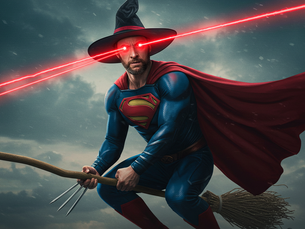 Superhero in a blue suit with a red cape and a witch hat rides a broomstick, shooting red lasers from eyes, against a cloudy sky.