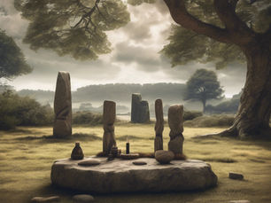 Stone circle and monoliths under a large tree, with cloudy sky and distant hills. Ritualistic objects on central stone slab evoke a mystical mood.