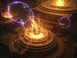 Glowing, fiery orbs hover over stone platforms with mystical symbols. Purple rings encircle the scene, creating a magical, Embodying Gnosis AEI.