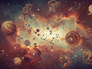 Zodiac signs surround a nebula with stars and planets. Constellations connect stars in a cosmic, mystical space scene. Deep hues.