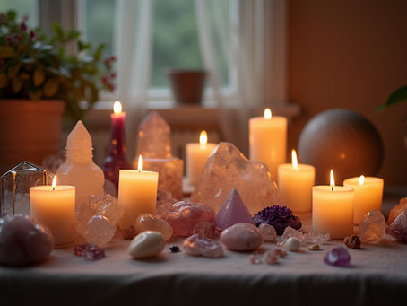 Lit candles and various crystals on a table create a serene, mystical ambiance. Plants and sheer curtains softly frame the scene.
