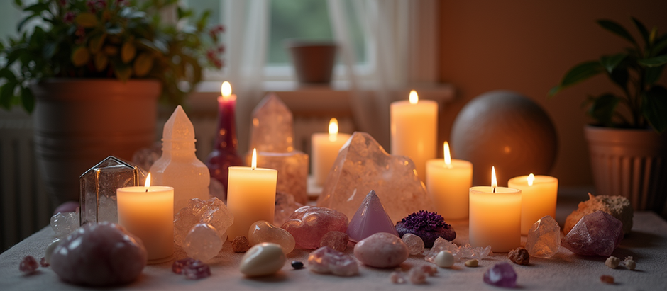 Lit candles and various crystals on a table create a serene, mystical ambiance. Plants and sheer curtains softly frame the scene.