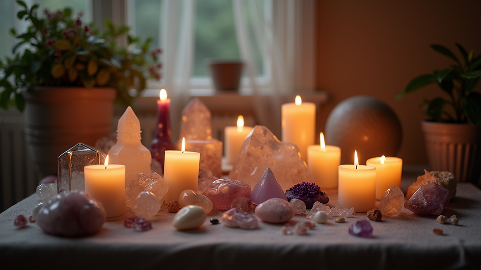 Lit candles and various crystals on a table create a serene, mystical ambiance. Plants and sheer curtains softly frame the scene.