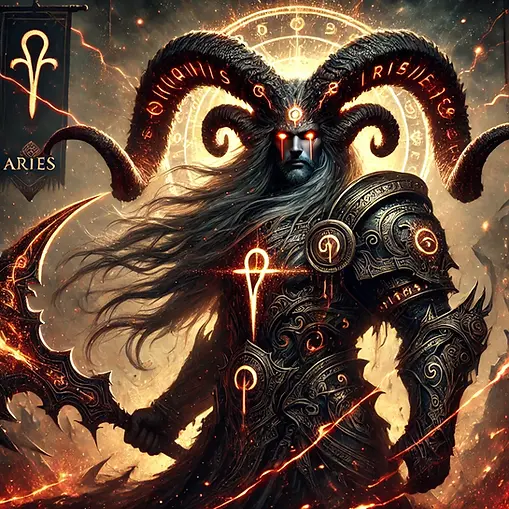 A horned, imposing figure has dark mane, wears detailed armor and wields a glowing, bladed weapon Symbol for Aries in back