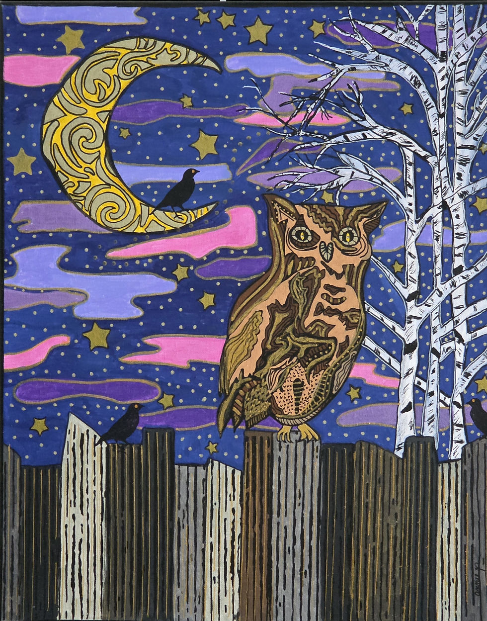 Canvas Large - "Owl and 3 Crows"