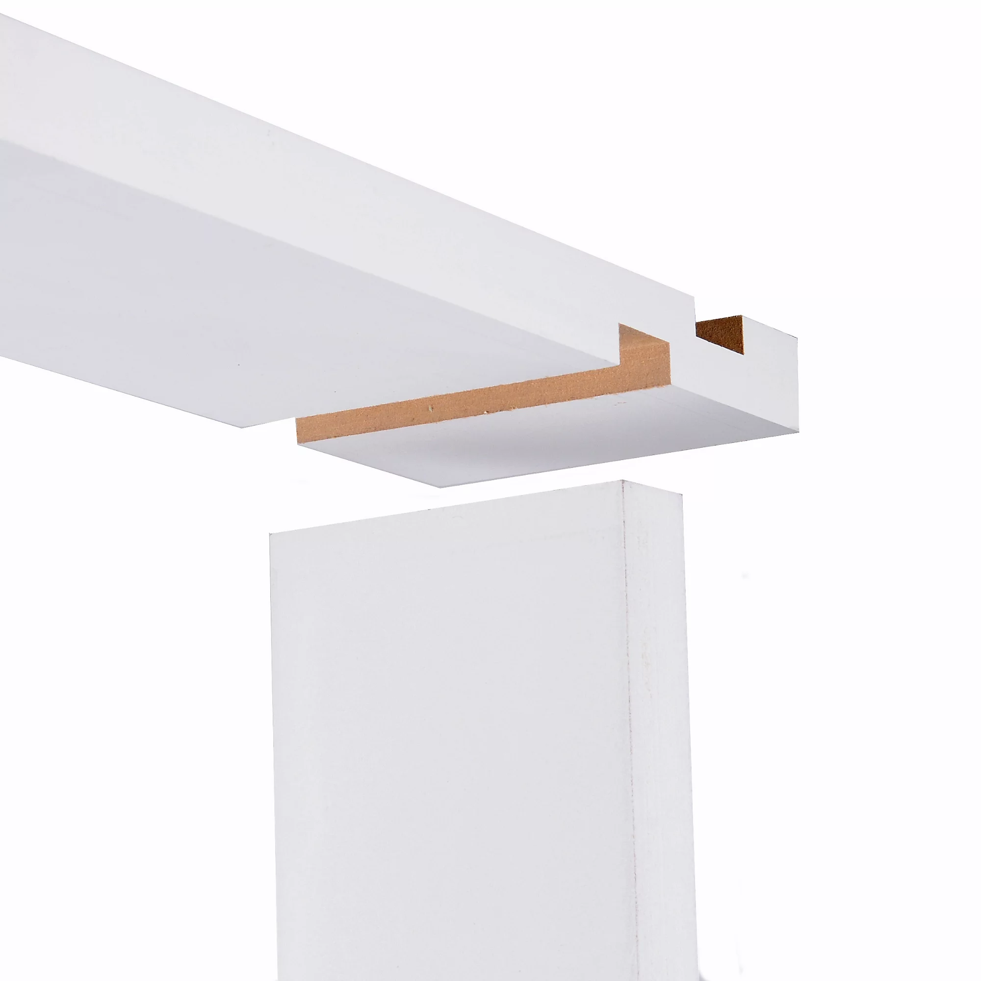 Metsä Wood primed softwood door lining components showing rebated head section and jamb piece, factory-primed white finish with MDF core visible at joint