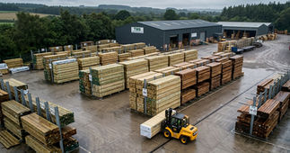 Forklift carries timber in a wet lumber yard beside stacked wood piles and a warehouse under gray skies.