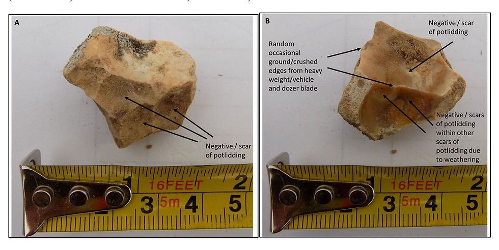 A picture of both sides of a thermally-modified and mechanically shattered piece of chert. An example of how epistemological basis behind the concept of anthropogenism is critical to affecting units of analysis in archaeology.