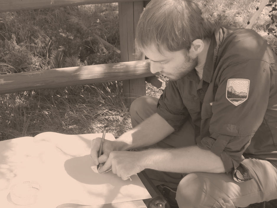 Cody sitting outdoors matting botanicial field specimens for off-site identification